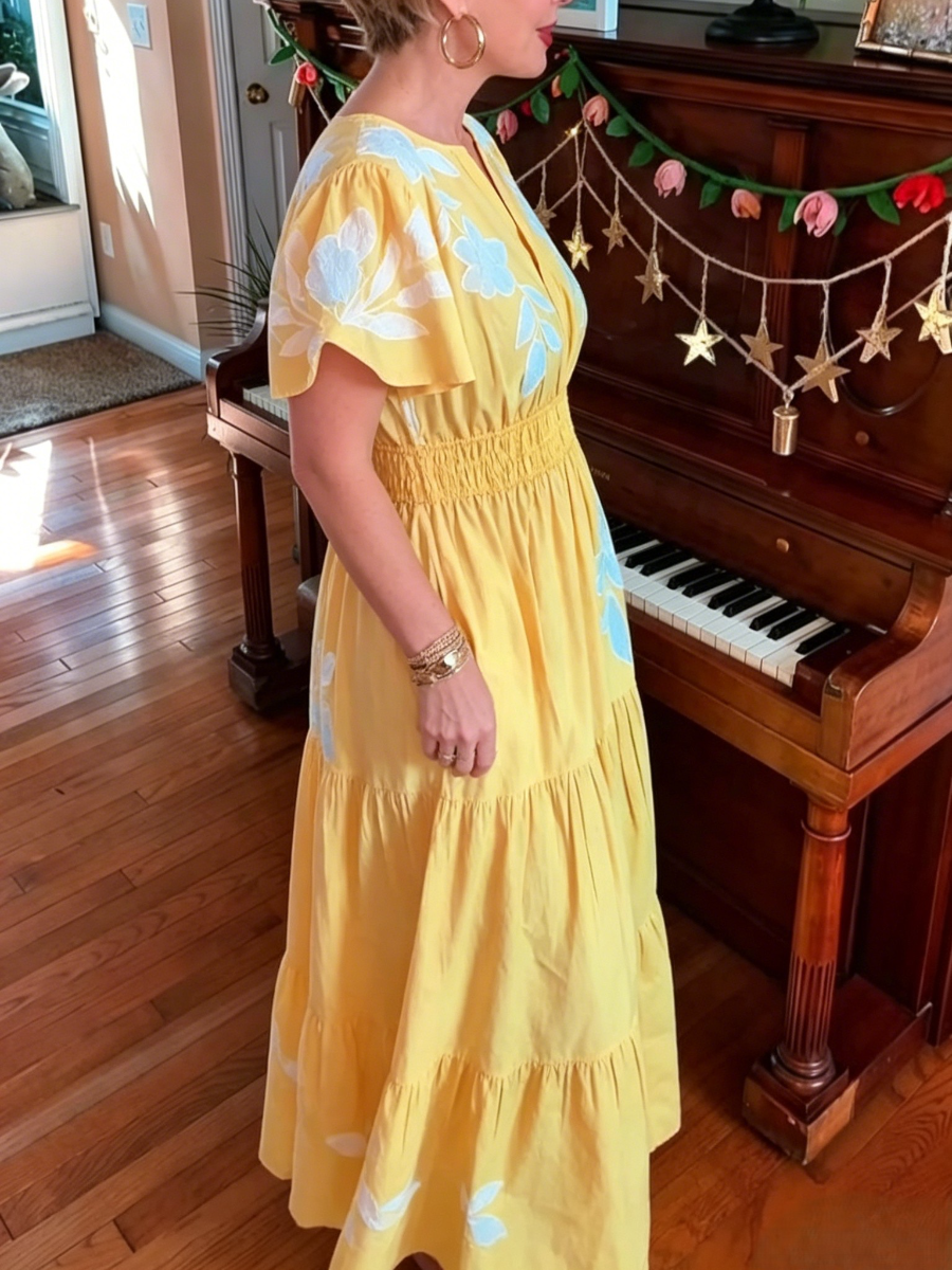 Bohemian Yellow Floral Embroidered Maxi Dress