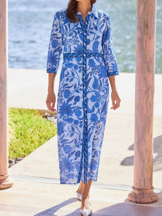 Blue Floral Block Print Maxi Dress