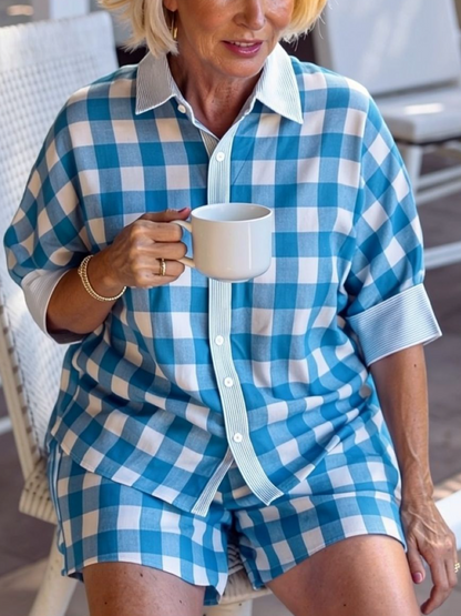 Blue Gingham Contrast Trim 2 Piece Short Set