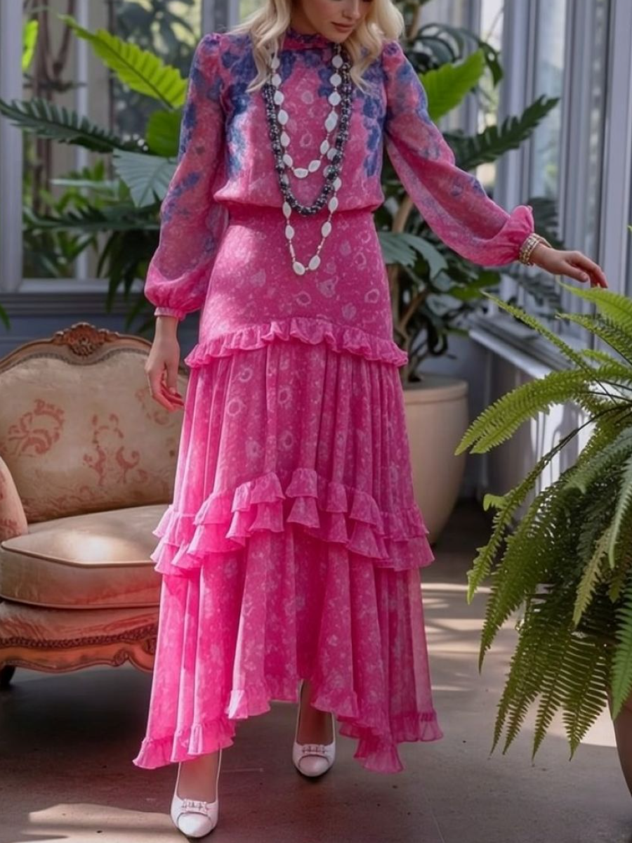 Pink Floral Tiered Ruffle Chiffon Maxi Dress