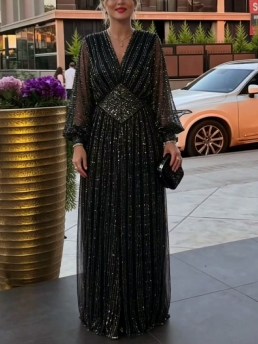 Black Sparkle Mesh Puff Sleeve Evening Maxi Dress
