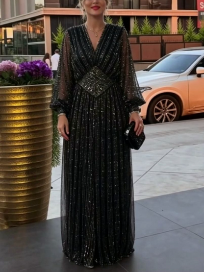 Black Sparkle Mesh Puff Sleeve Evening Maxi Dress