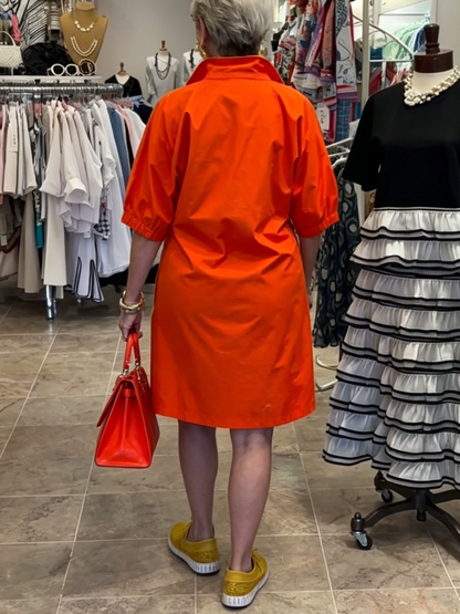 Bright Orange Abstract Flower Print Loose Shift Shirt Dress