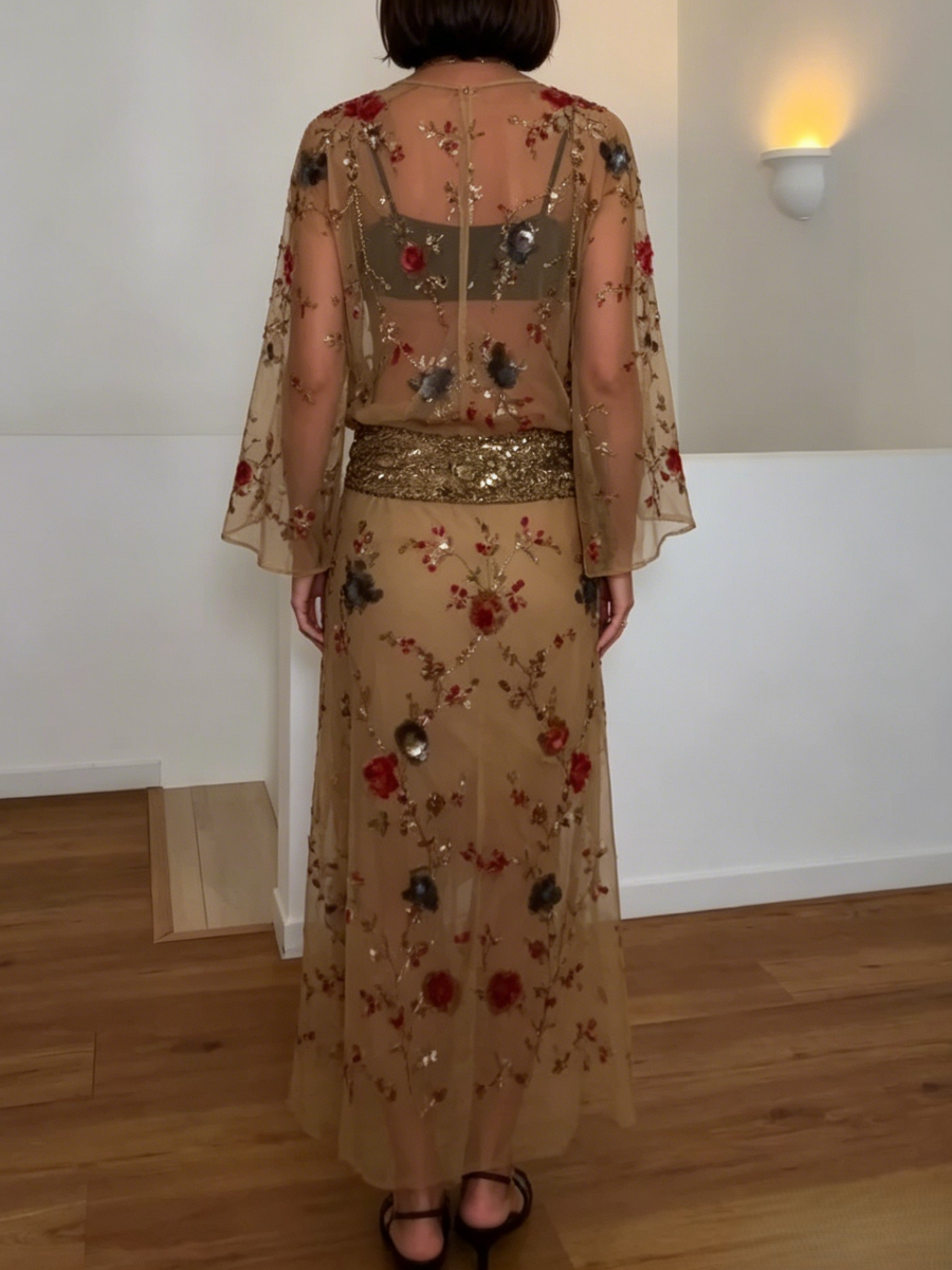 Floral Embellished Sheer Midi Dress
