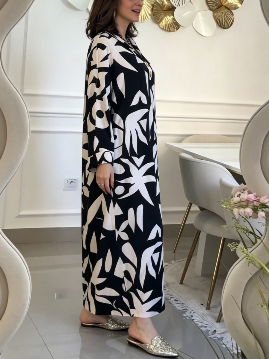 Modest Black & White Geometric Print Shirt Maxi Dress