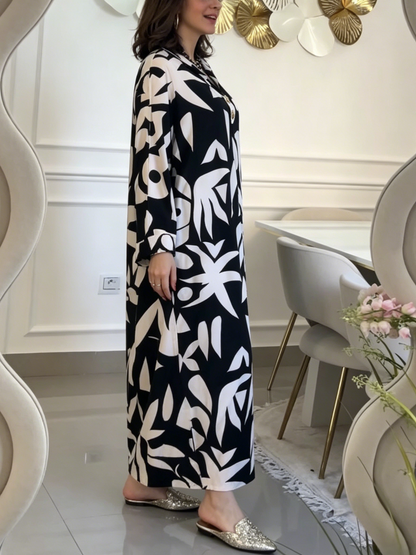 Modest Black & White Geometric Print Shirt Maxi Dress
