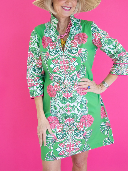 Green Pink Floral Print Tunic Dress | Resort Wear With Mandarin Collar & 3/4 Sleeves