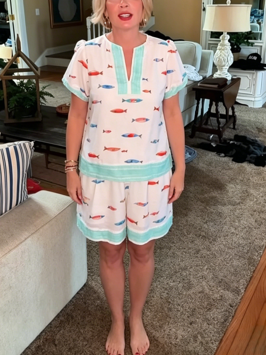 Cute Fish Pattern Contrast Trim Loungewear Two Piece Set