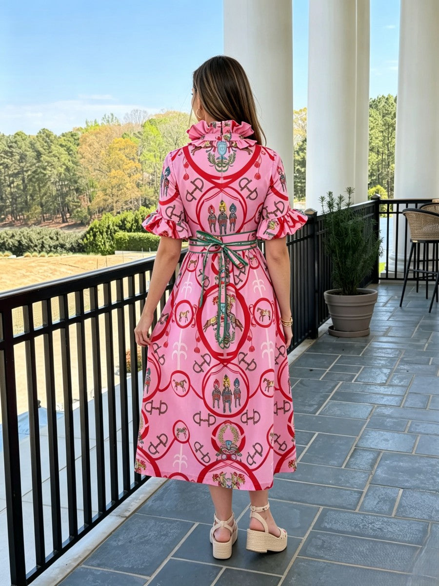 Pink Equestrian Print Ruffle Neck Midi Dress