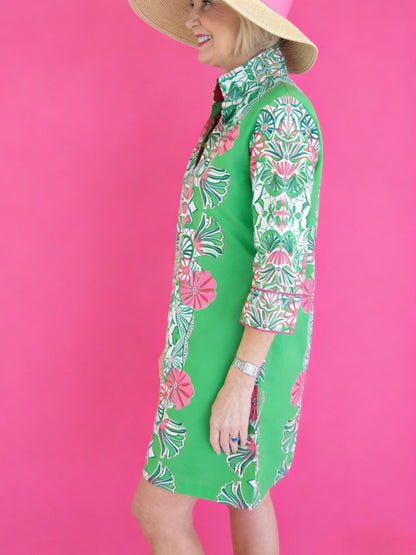 Green Pink Floral Print Tunic Dress | Resort Wear With Mandarin Collar & 3/4 Sleeves