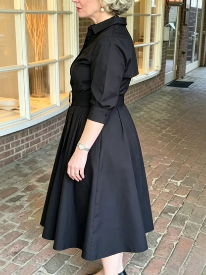 Black Belted Collared Midi Shirt Dress