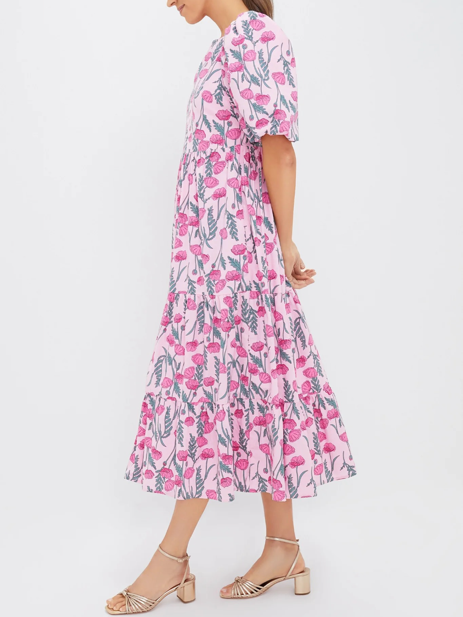Boho Botanical Print Flowy Midi Dress
