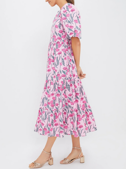 Boho Botanical Print Flowy Midi Dress