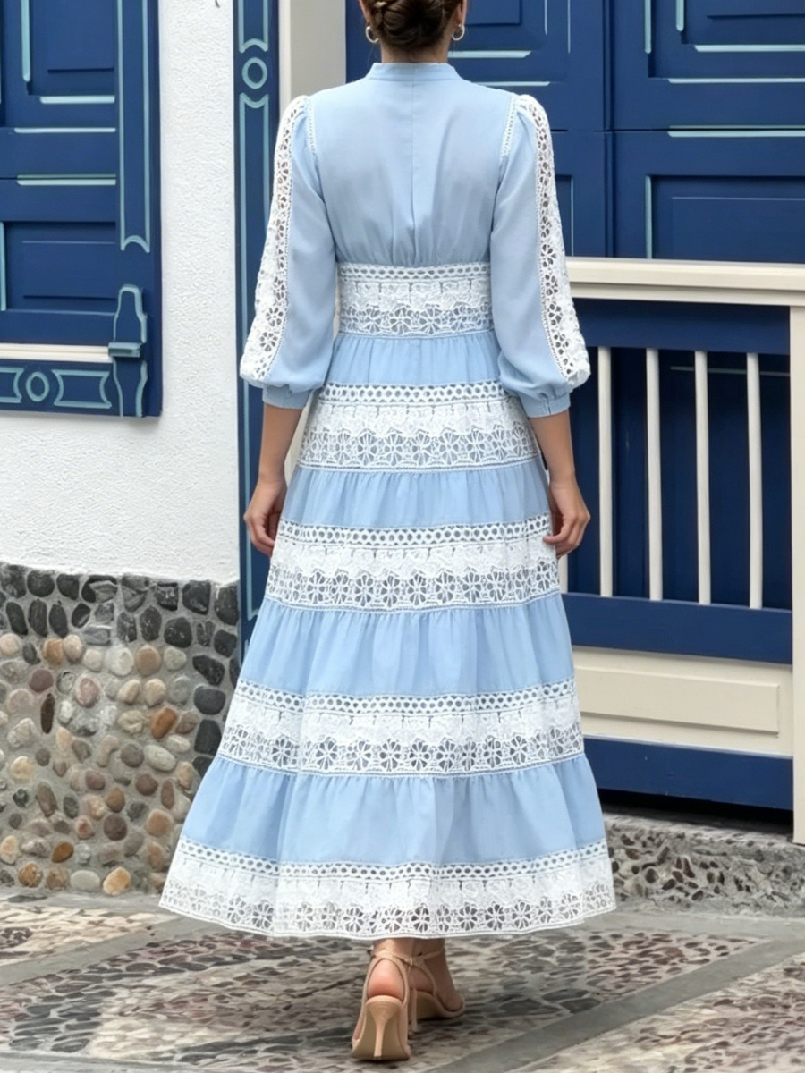 Boho Hollow Lace Trim High Waist Tiered Long Dress