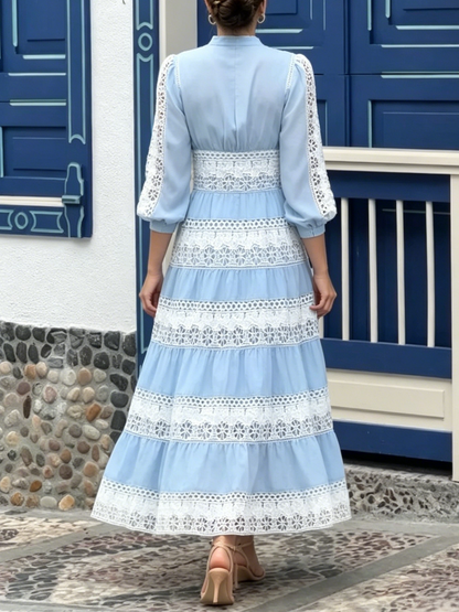 Boho Hollow Lace Trim High Waist Tiered Long Dress