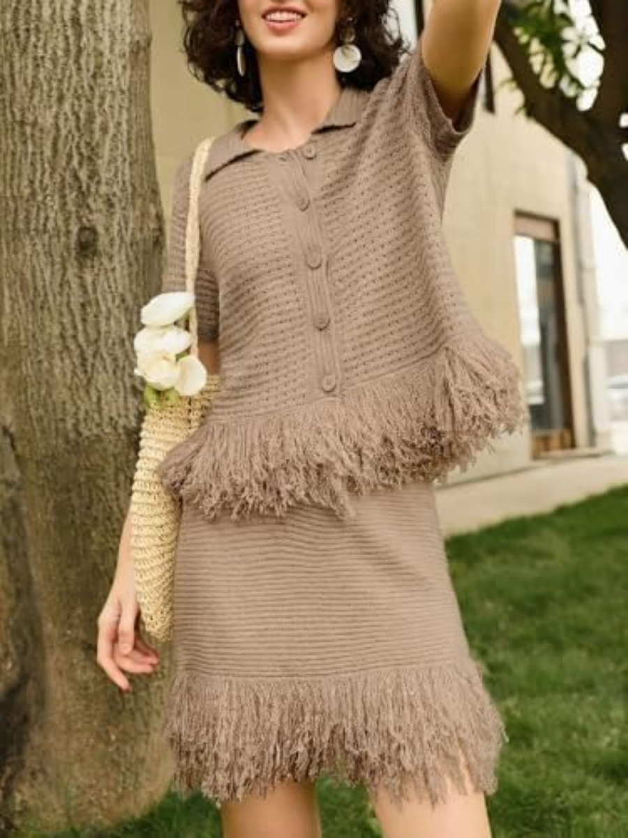 Taupe Fringed Knit Two-Piece Set