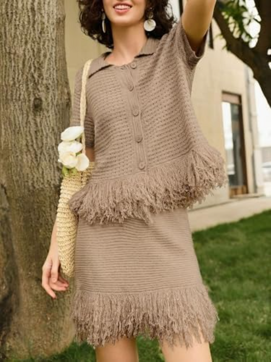 Taupe Fringed Knit Two-Piece Set