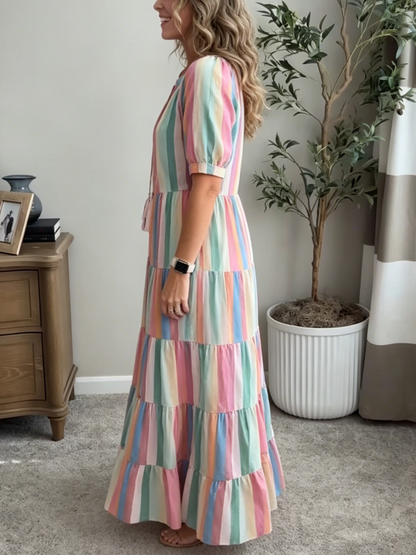 Colorful Stripe Puff Sleeve Tiered Maxi Dress