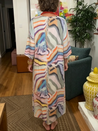 Watercolor Stripe Print V Neck Oversized Caftan Tunic Dress