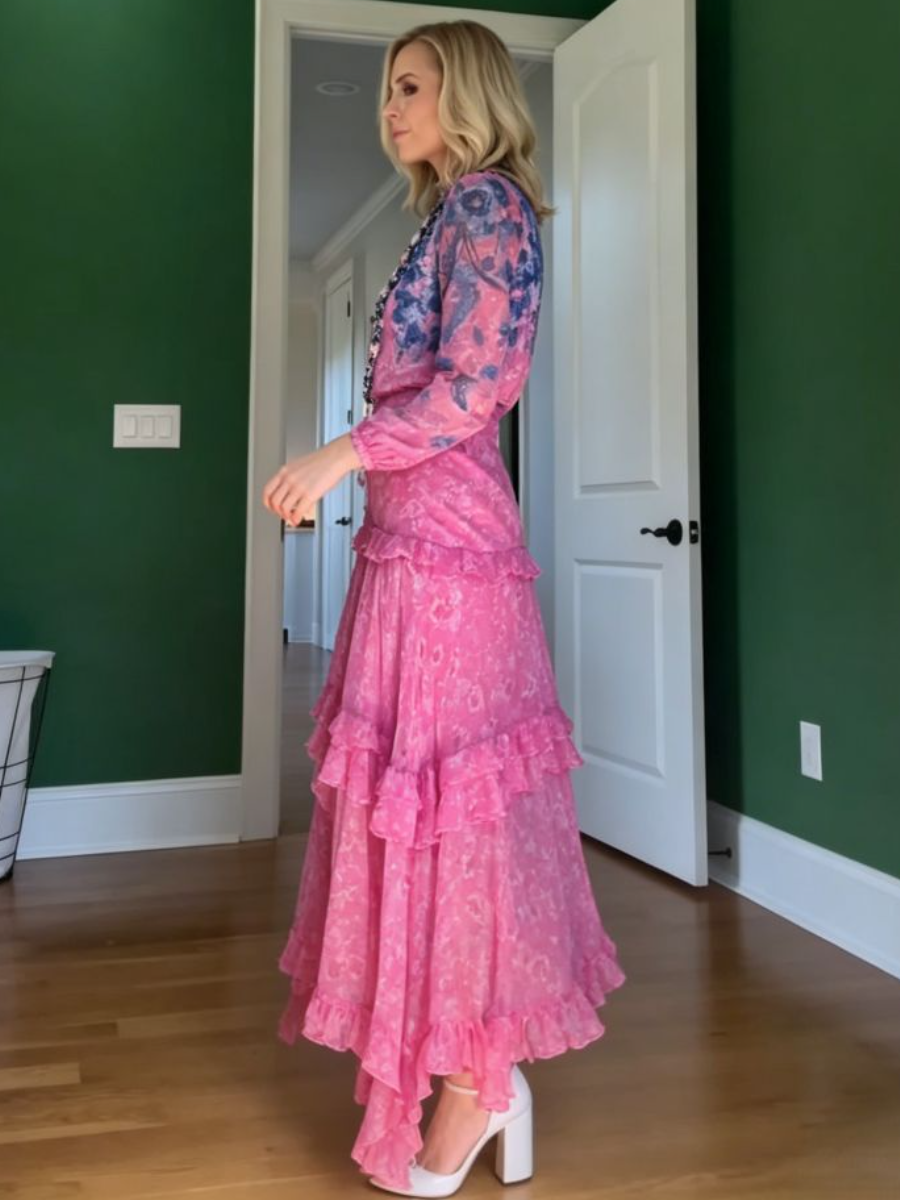 Pink Floral Tiered Ruffle Chiffon Maxi Dress