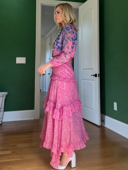 Pink Floral Tiered Ruffle Chiffon Maxi Dress