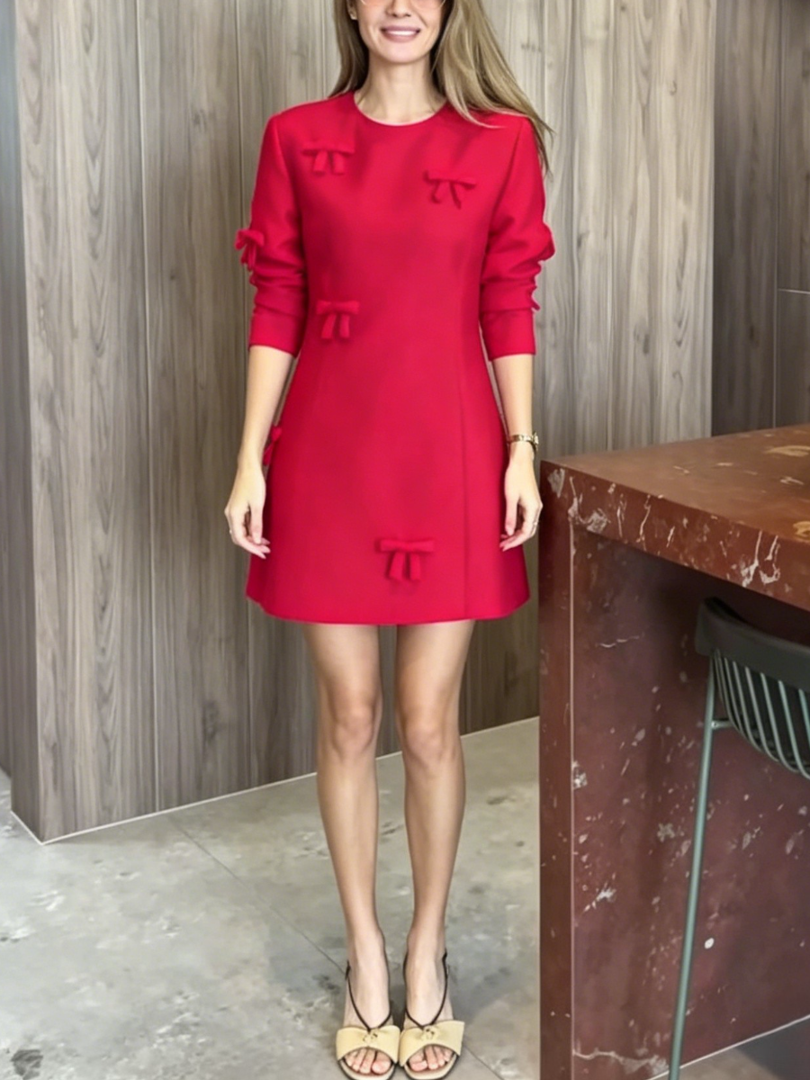 Chic Red Bow Embellished Short Sleeve A-Line Mini Dress