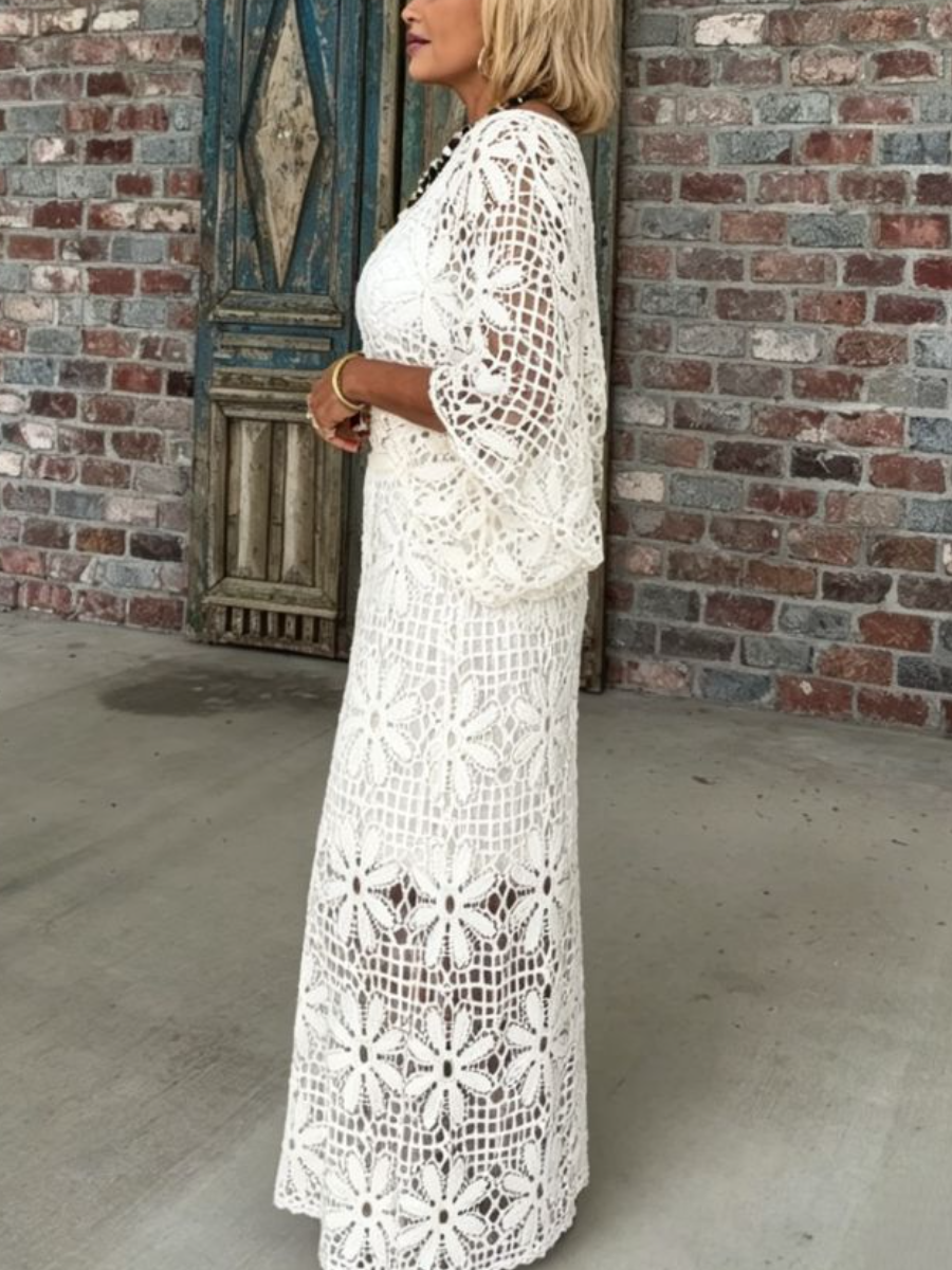 White Crochet Floral Lace 2 Piece Maxi Set