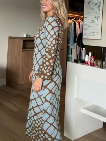Geometric Spot Print Keyhole Front Long Sleeve Midi Dress