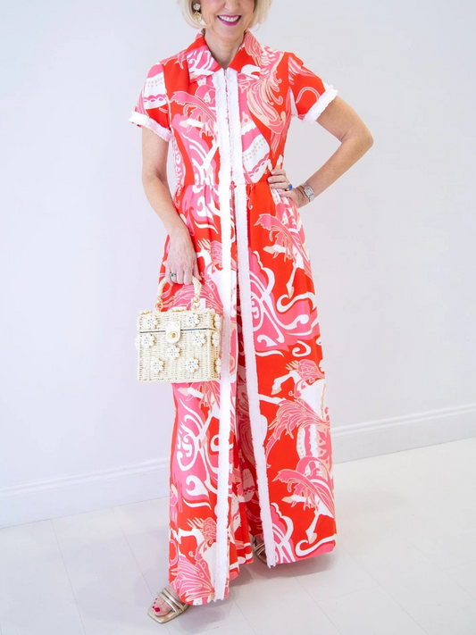 Vibrant Red Abstract Print Short Sleeve Collared Wide Leg Jumpsuit