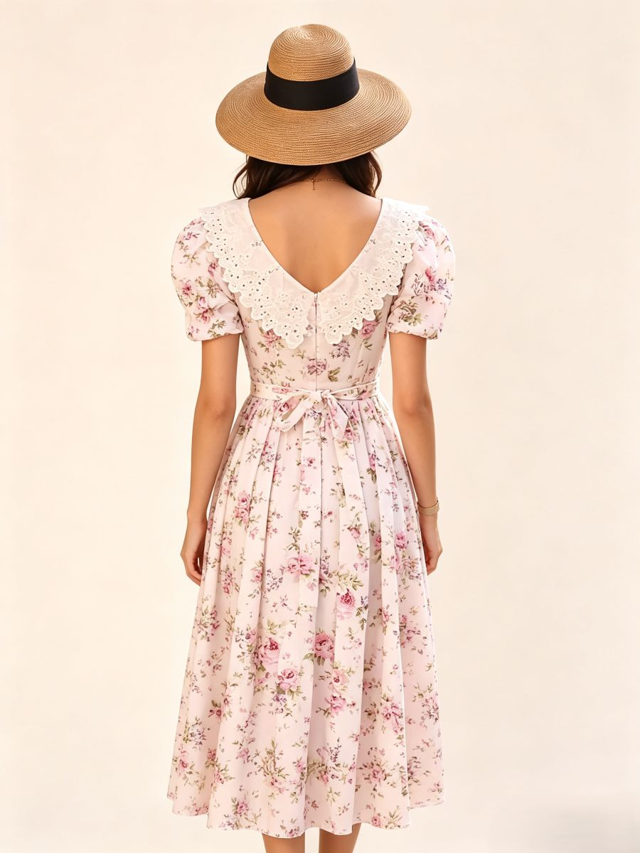 Pink Floral Lace Collar Puff Sleeve Midi Dress