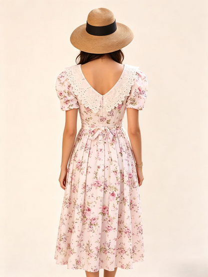 Pink Floral Lace Collar Puff Sleeve Midi Dress