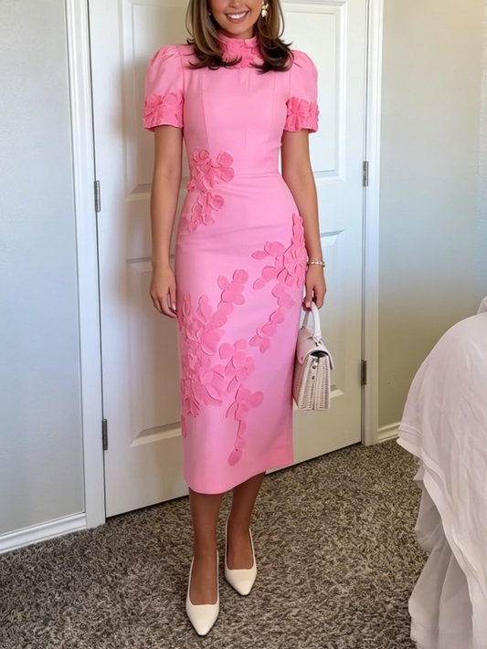High Neck Puff Sleeve Bodycon Dress