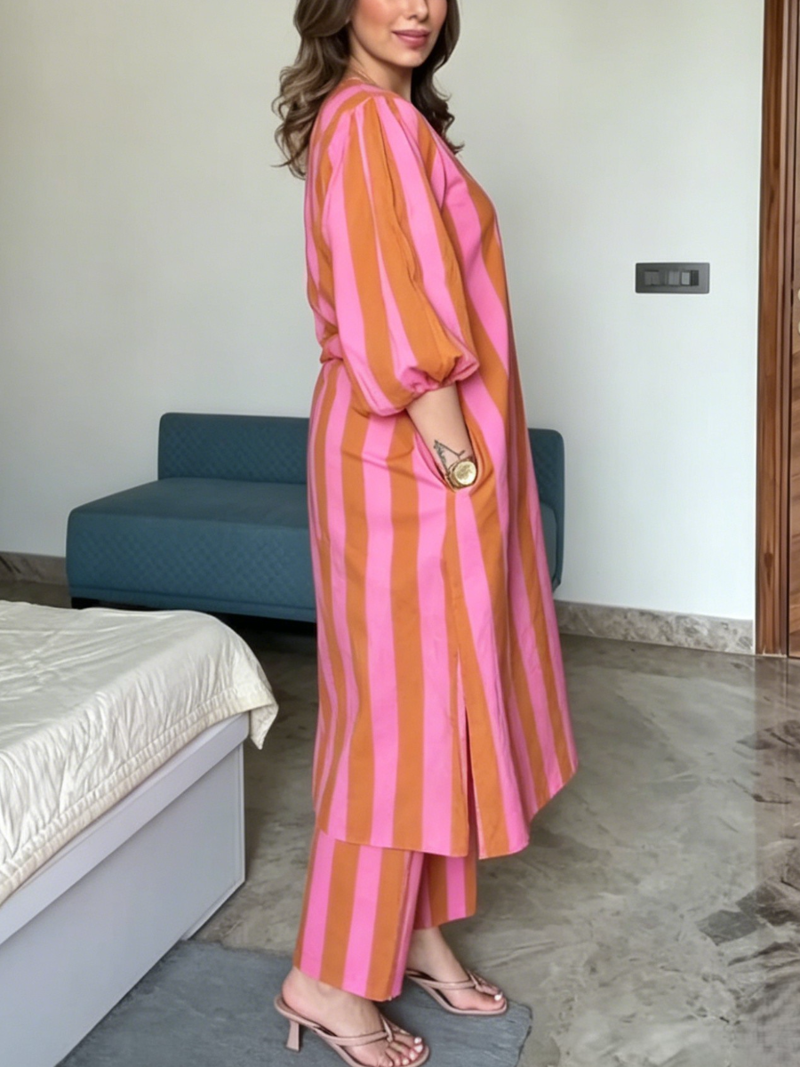 Striped Puff Sleeve Midi Tunic & Straight Pant Co Ord Set