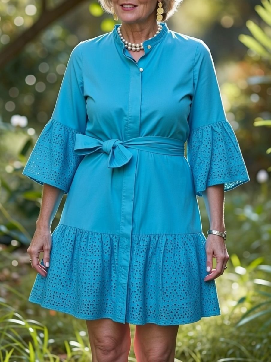 Blue Eyelet Belted Bell Sleeve Mini Shirt Dress
