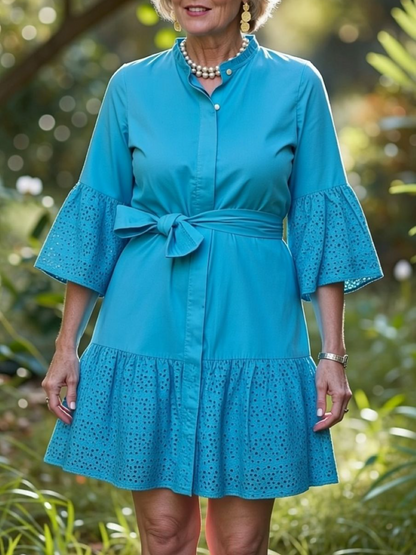Blue Eyelet Belted Bell Sleeve Mini Shirt Dress