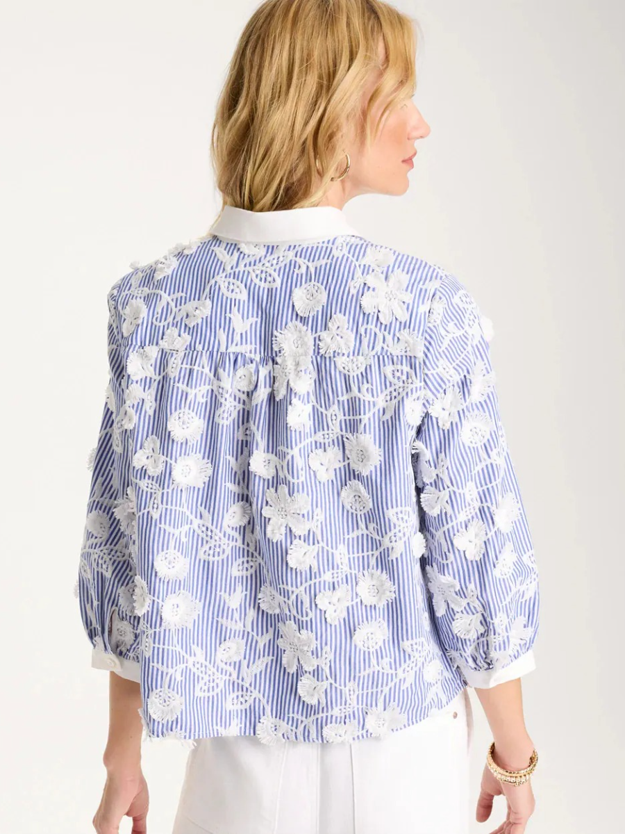 Blue White Stripe Floral Embroidered Button Down Shirt