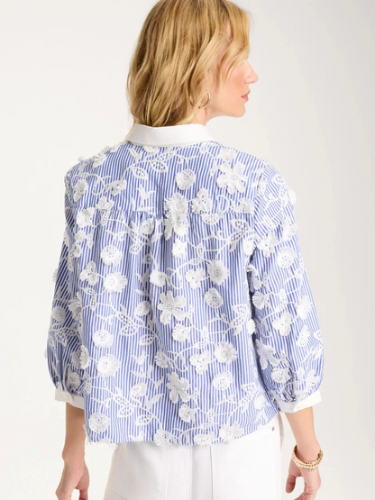 Blue White Stripe Floral Embroidered Button Down Shirt
