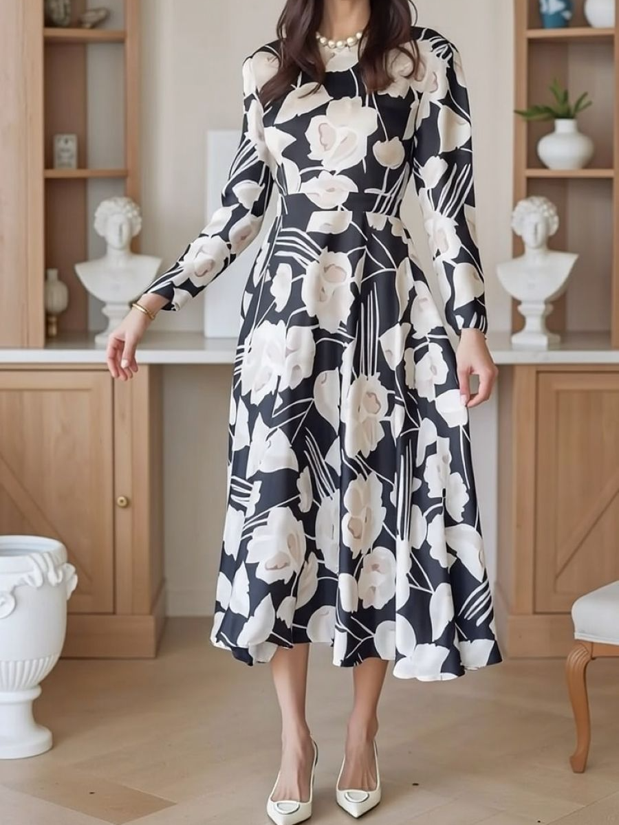 Satin Fit And Flare Floral Mid Dress