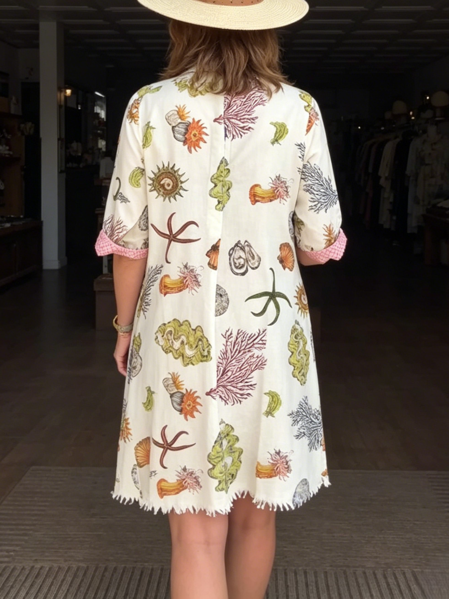 Coastal Marine Life Print Collared Loose Shirt Dress