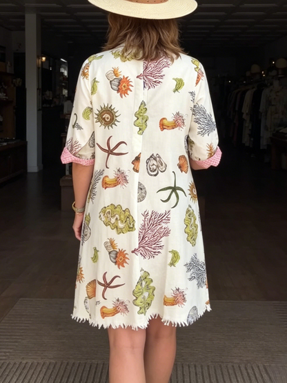 Coastal Marine Life Print Collared Loose Shirt Dress