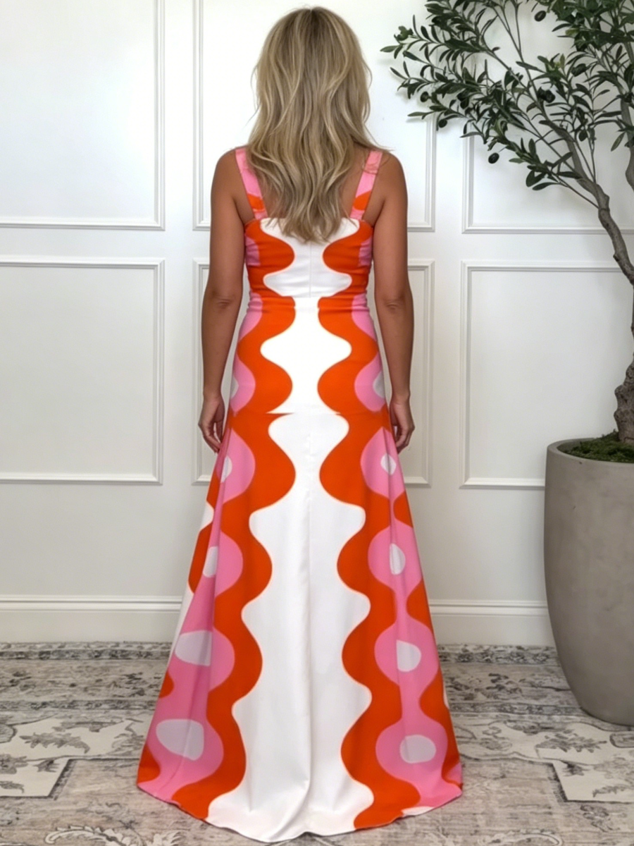 Retro Abstract Wave Print Maxi Dress