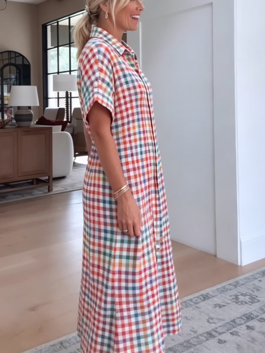 Plaid Check Waist Tie Side Slit Shirt Maxi Dress