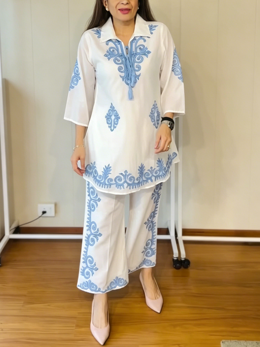 White & Blue Embroidered Co-Ord Set
