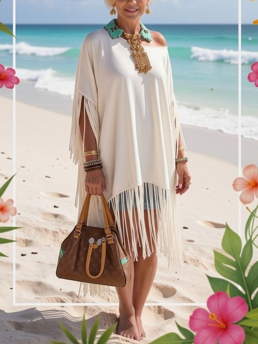 White Fringe Off Shoulder Poncho Top
