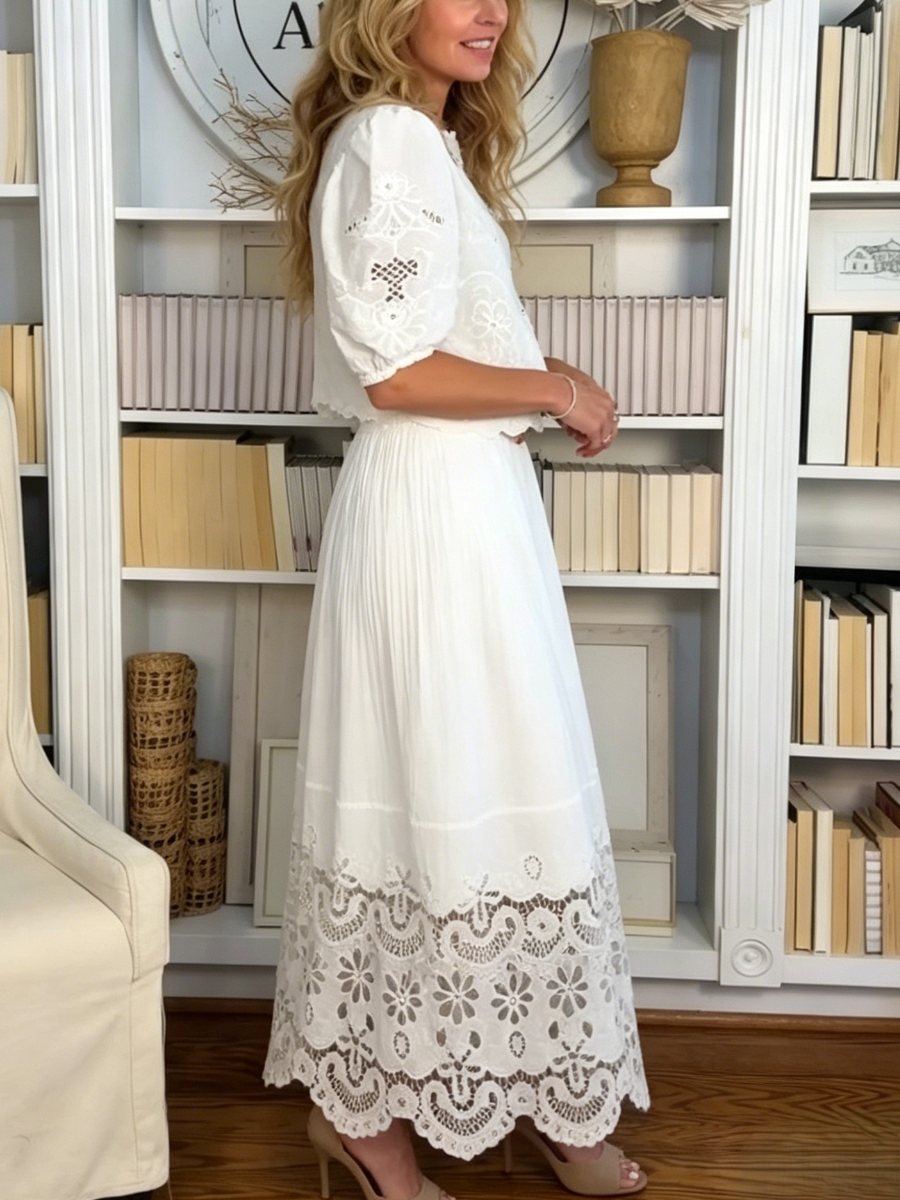 White Lace Top & Skirt Two-Piece Set