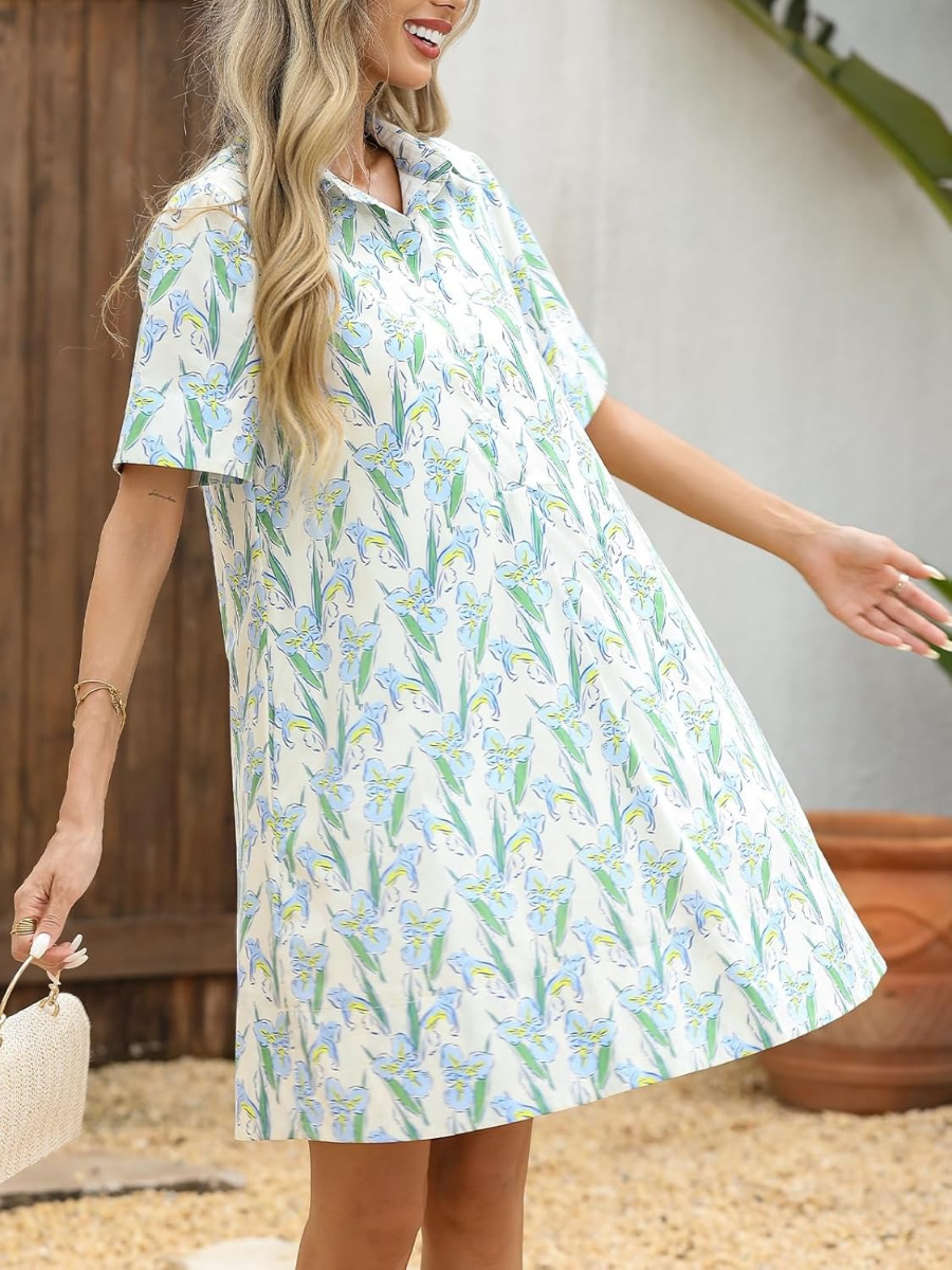 Blue Iris Floral Print Shirt Dress