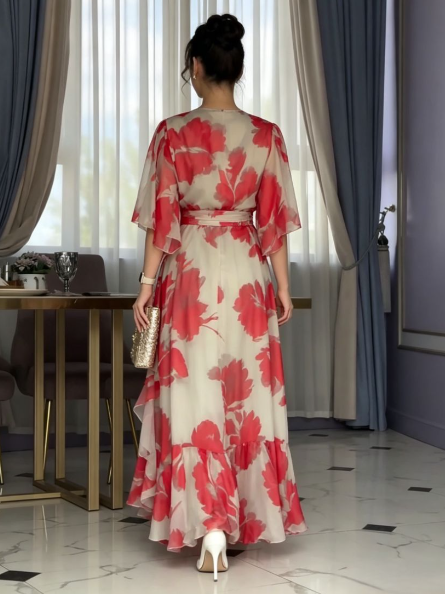 Red Floral Pleated V-Neck Dress