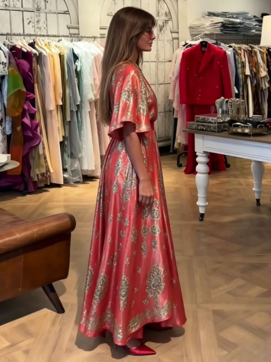 Red Metallic Paisley Print Maxi Dress