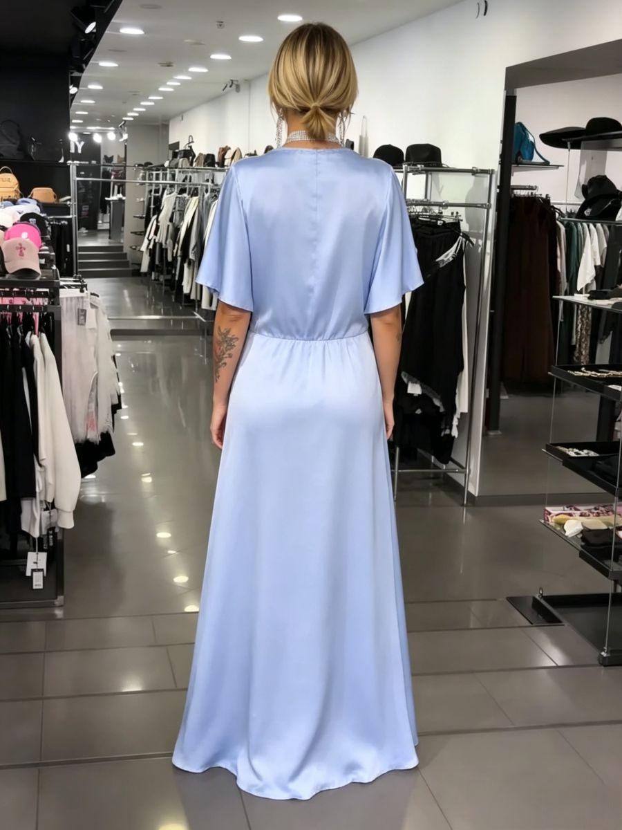 Light Blue Lace Trim Satin Maxi Dress