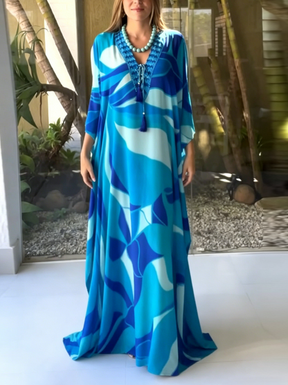 Flowy Blue Abstract Print Kaftan Maxi Dress